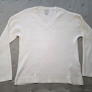 Calvin Klein Sweater Women's L Cream Ribbed Knit V-Neck Used